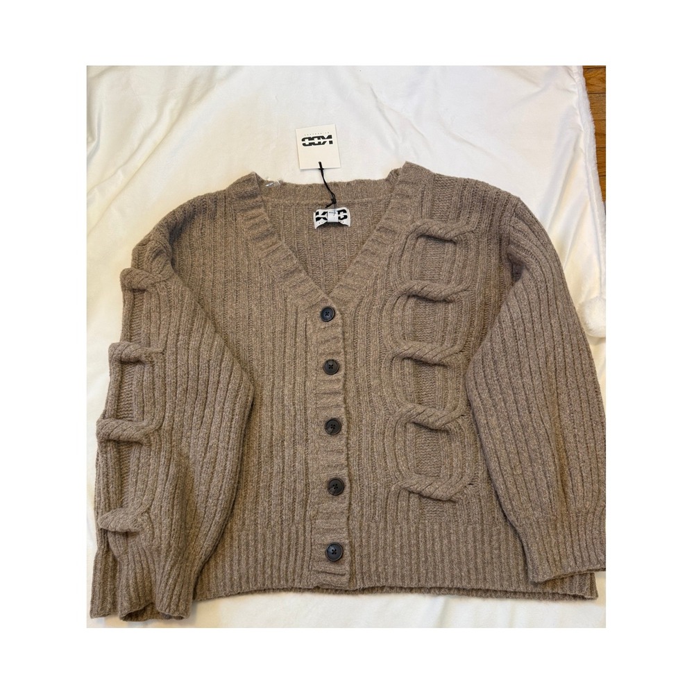 KBB by KAHLANA Womens Tan Brown Ribbed Cable Knit Button Front Cardigan Sweater